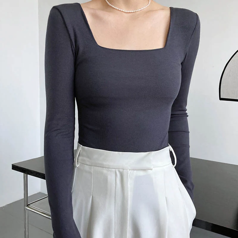 Long-sleeved square-neck t-shirt women's slim-fit exposed collarbone low-neck short top bottoming shirt