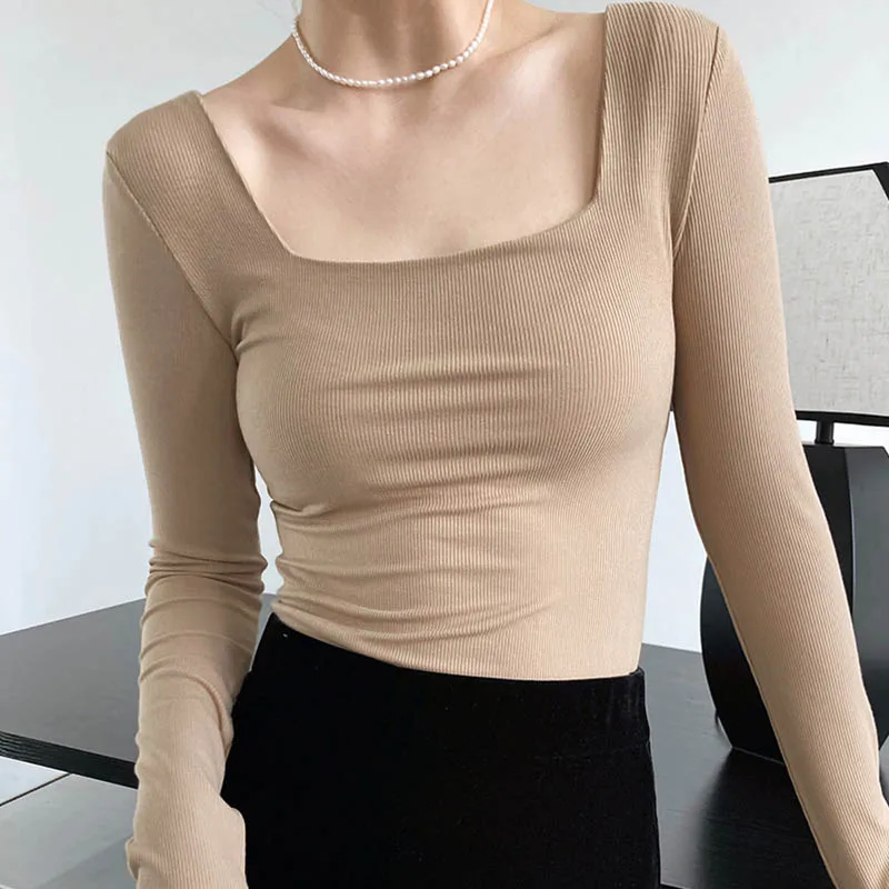 Long-sleeved square-neck t-shirt women's slim-fit exposed collarbone low-neck short top bottoming shirt