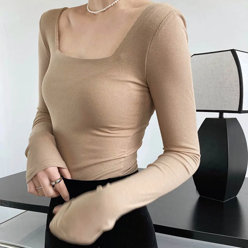 Long-sleeved square-neck t-shirt women's slim-fit exposed collarbone low-neck short top bottoming shirt