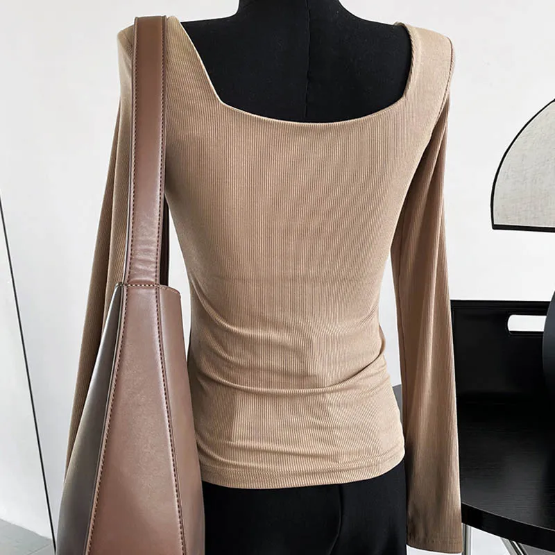 Long-sleeved square-neck t-shirt women's slim-fit exposed collarbone low-neck short top bottoming shirt