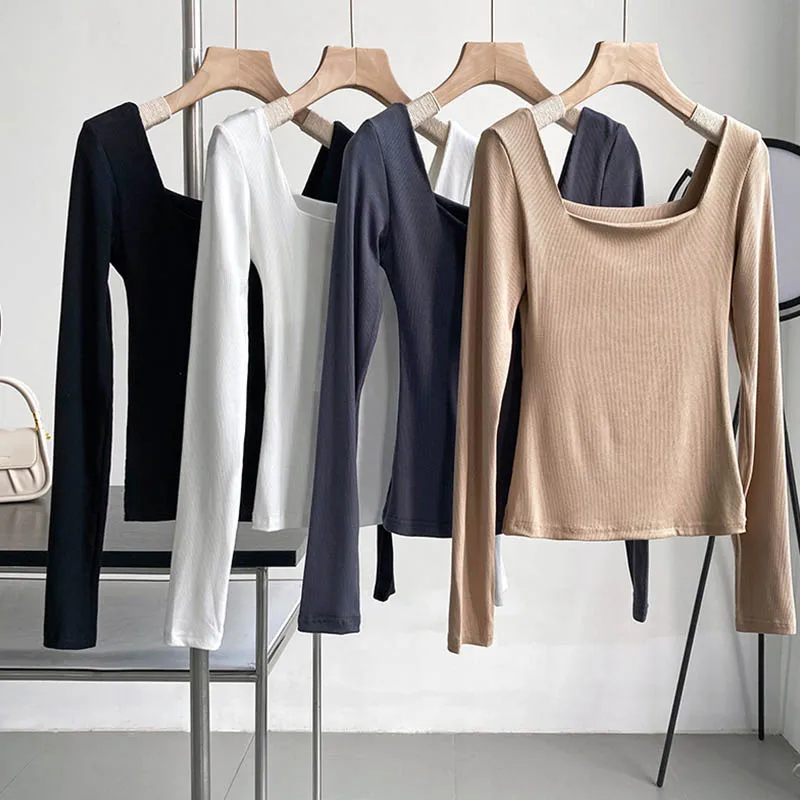 Long-sleeved square-neck t-shirt women's slim-fit exposed collarbone low-neck short top bottoming shirt