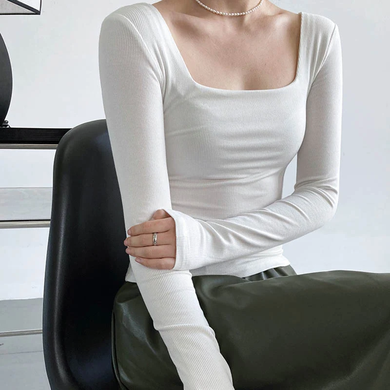 Long-sleeved square-neck t-shirt women's slim-fit exposed collarbone low-neck short top bottoming shirt