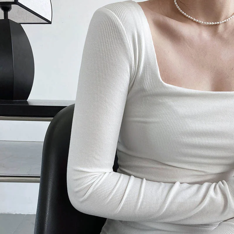 Long-sleeved square-neck t-shirt women's slim-fit exposed collarbone low-neck short top bottoming shirt