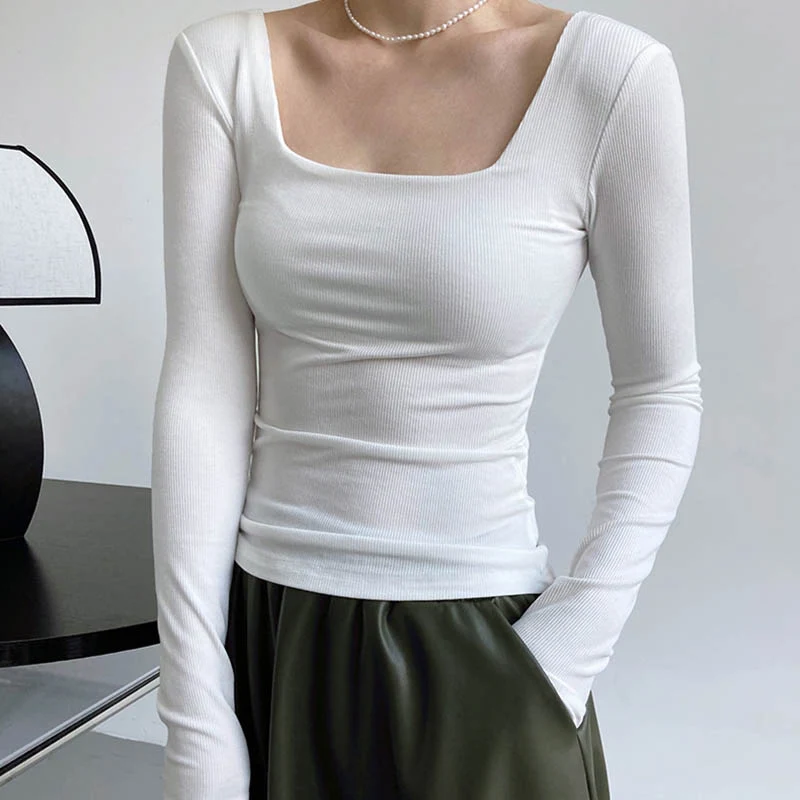 Long-sleeved square-neck t-shirt women's slim-fit exposed collarbone low-neck short top bottoming shirt