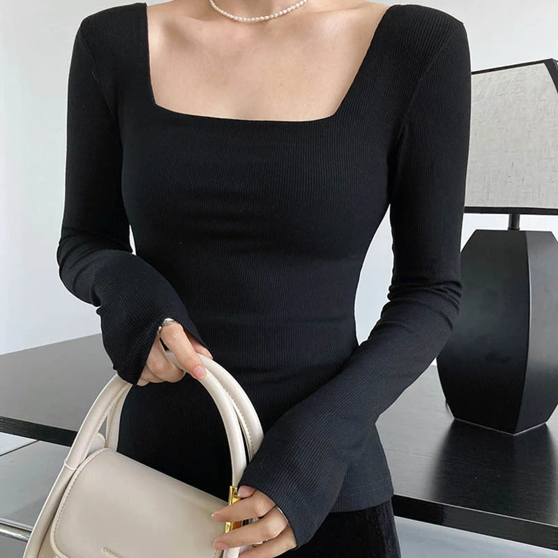 Long-sleeved square-neck t-shirt women's slim-fit exposed collarbone low-neck short top bottoming shirt