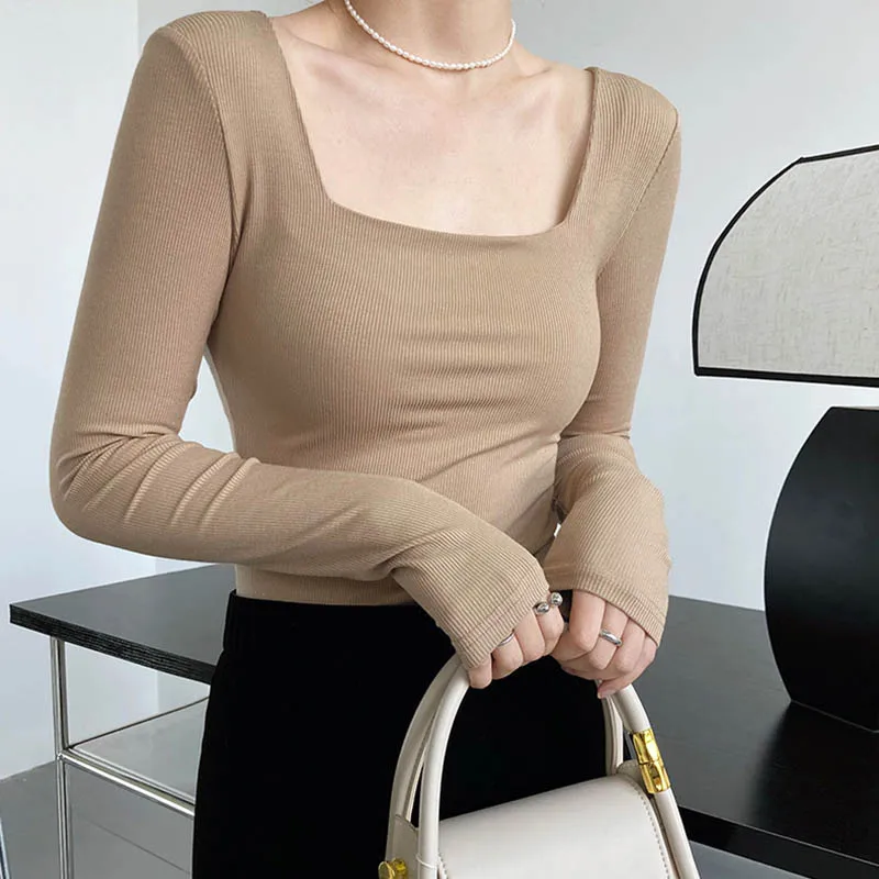 Long-sleeved square-neck t-shirt women's slim-fit exposed collarbone low-neck short top bottoming shirt