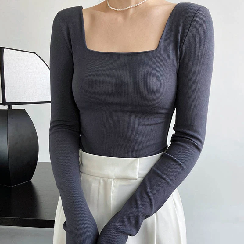 Long-sleeved square-neck t-shirt women's slim-fit exposed collarbone low-neck short top bottoming shirt
