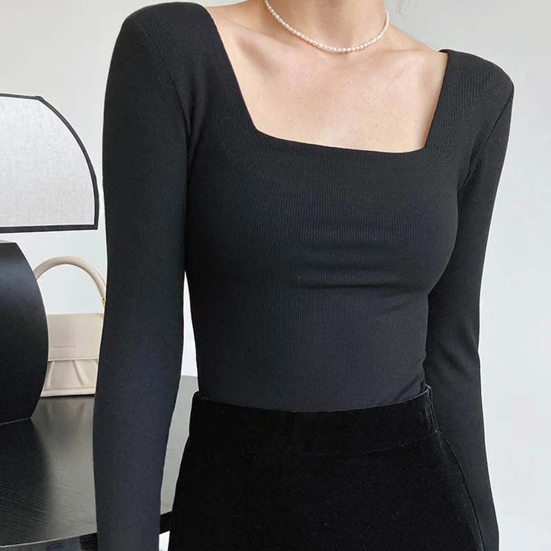 Long-sleeved square-neck t-shirt women's slim-fit exposed collarbone low-neck short top bottoming shirt