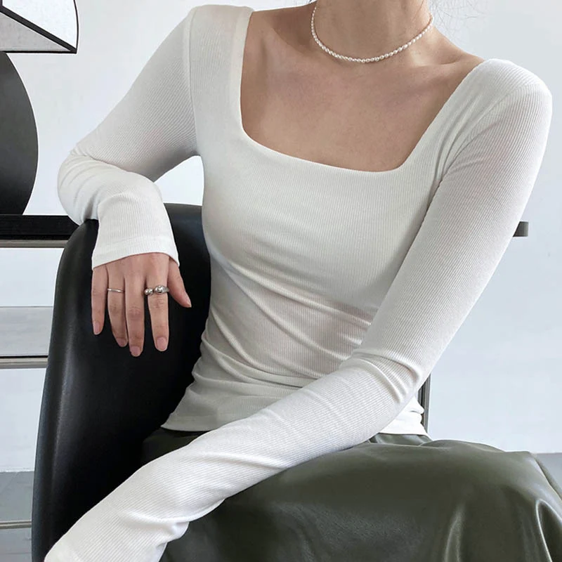 Long-sleeved square-neck t-shirt women's slim-fit exposed collarbone low-neck short top bottoming shirt