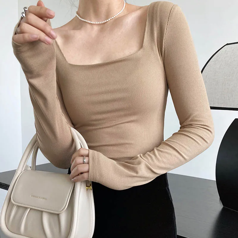 Long-sleeved square-neck t-shirt women's slim-fit exposed collarbone low-neck short top bottoming shirt