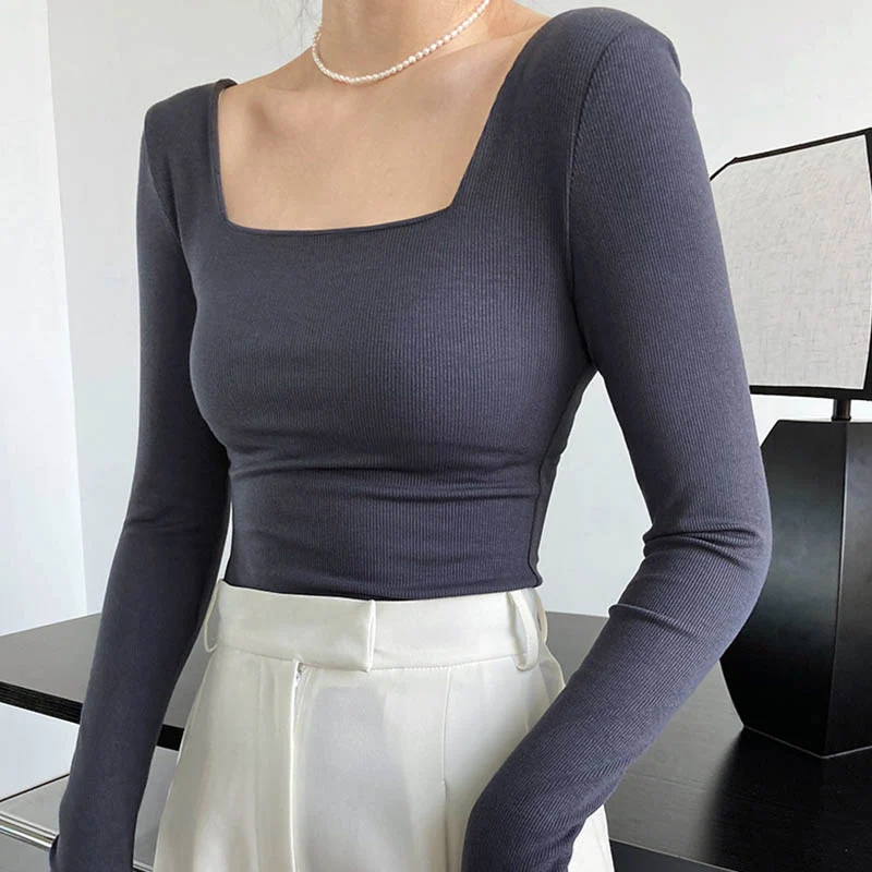 Long-sleeved square-neck t-shirt women's slim-fit exposed collarbone low-neck short top bottoming shirt