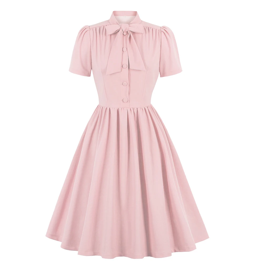 2025 Blue Pleated Dress Vintage Style Bow Tie Neck Button Up Elegant Women Summer Belted Pinup 60s 50s Rockabilly Dresses SD0081