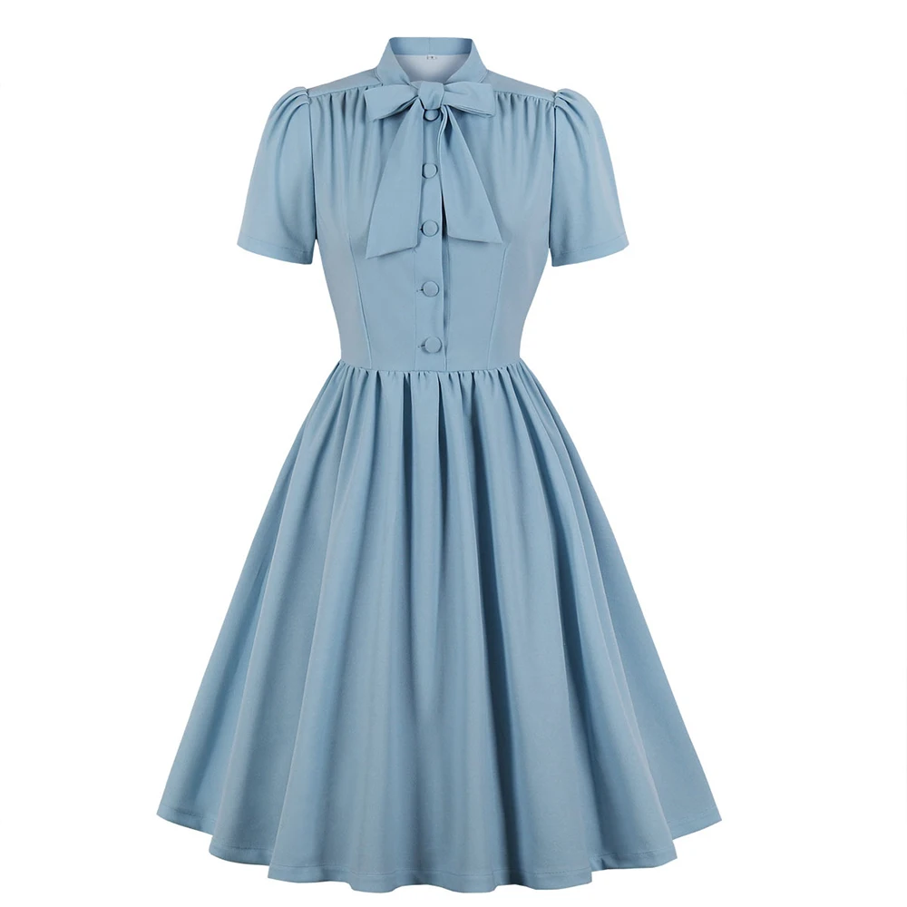 2025 Blue Pleated Dress Vintage Style Bow Tie Neck Button Up Elegant Women Summer Belted Pinup 60s 50s Rockabilly Dresses SD0081