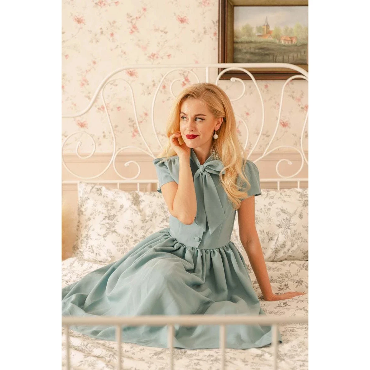 2025 Blue Pleated Dress Vintage Style Bow Tie Neck Button Up Elegant Women Summer Belted Pinup 60s 50s Rockabilly Dresses SD0081