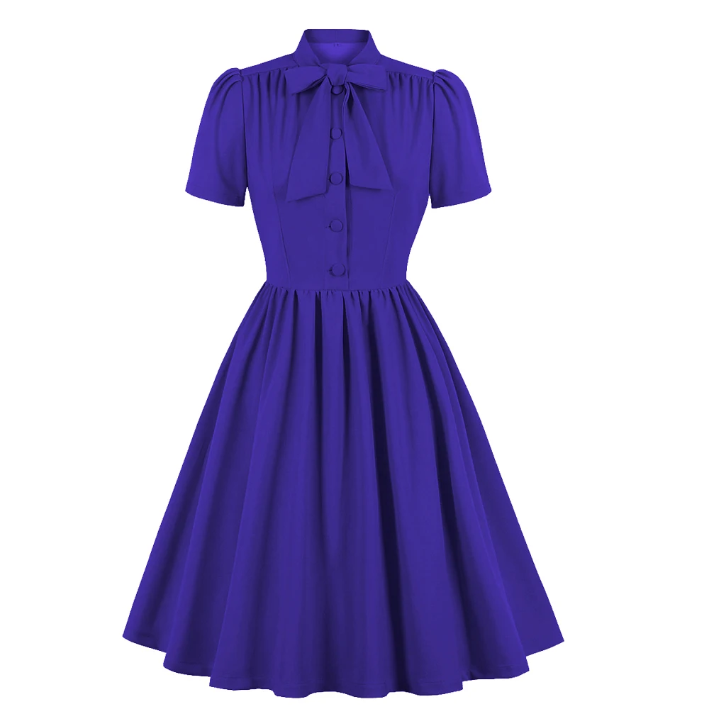 2025 Blue Pleated Dress Vintage Style Bow Tie Neck Button Up Elegant Women Summer Belted Pinup 60s 50s Rockabilly Dresses SD0081