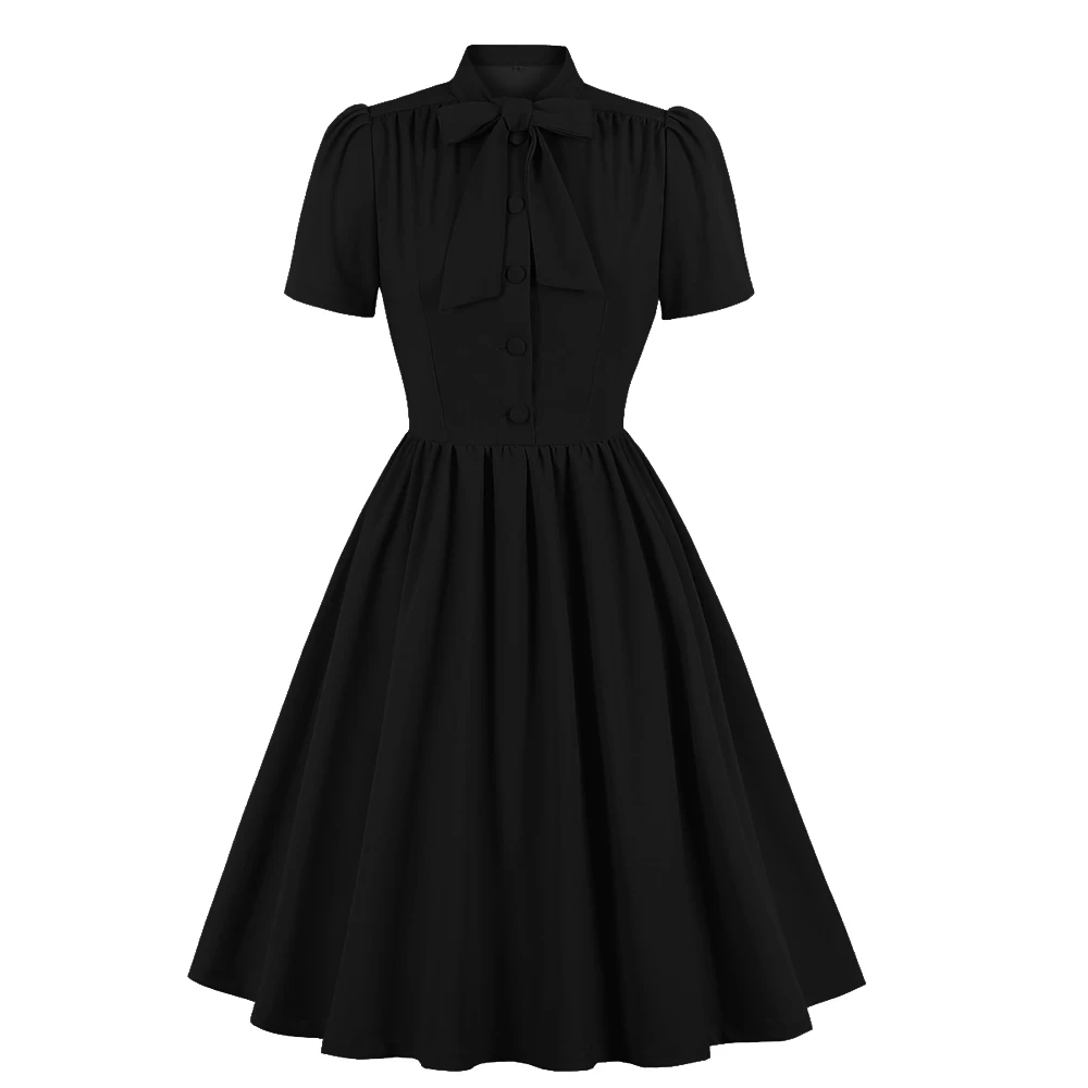 2025 Blue Pleated Dress Vintage Style Bow Tie Neck Button Up Elegant Women Summer Belted Pinup 60s 50s Rockabilly Dresses SD0081