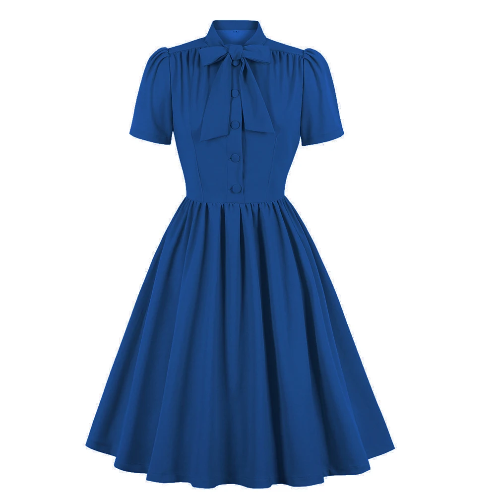 2025 Blue Pleated Dress Vintage Style Bow Tie Neck Button Up Elegant Women Summer Belted Pinup 60s 50s Rockabilly Dresses SD0081