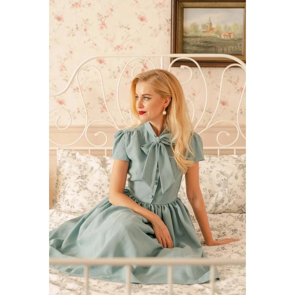 2025 Blue Pleated Dress Vintage Style Bow Tie Neck Button Up Elegant Women Summer Belted Pinup 60s 50s Rockabilly Dresses SD0081