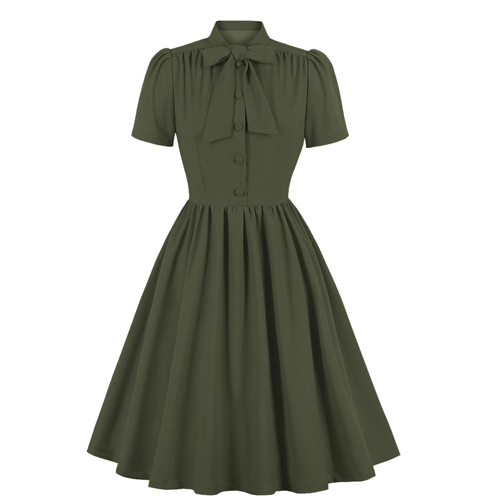 2025 Blue Pleated Dress Vintage Style Bow Tie Neck Button Up Elegant Women Summer Belted Pinup 60s 50s Rockabilly Dresses SD0081