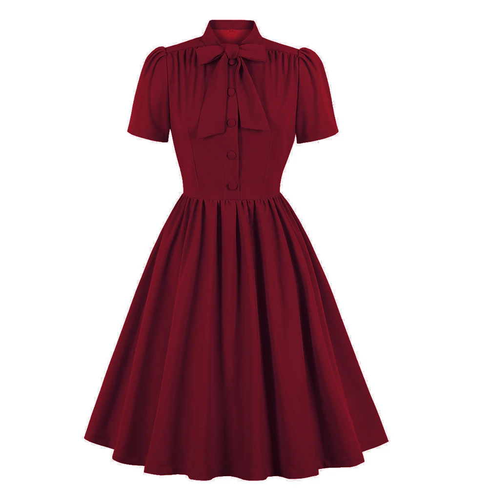 2025 Blue Pleated Dress Vintage Style Bow Tie Neck Button Up Elegant Women Summer Belted Pinup 60s 50s Rockabilly Dresses SD0081