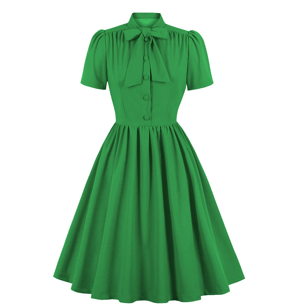 2025 Blue Pleated Dress Vintage Style Bow Tie Neck Button Up Elegant Women Summer Belted Pinup 60s 50s Rockabilly Dresses SD0081