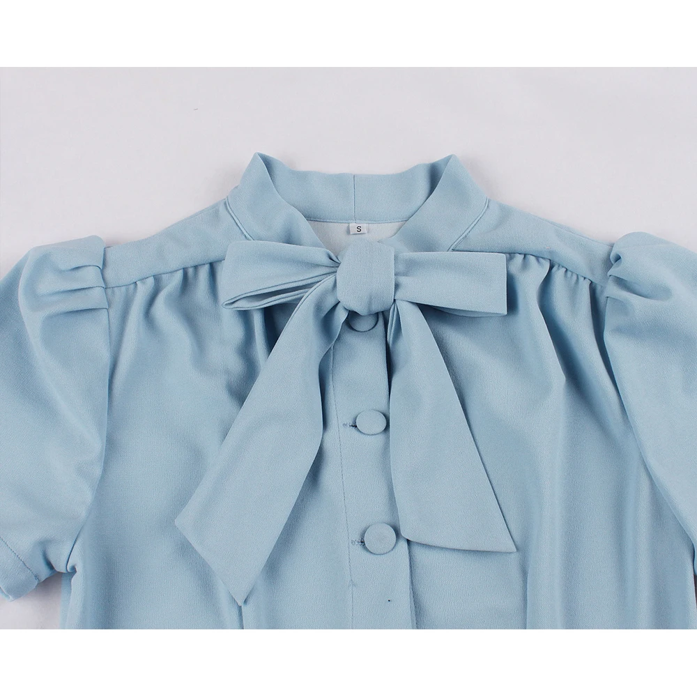 2025 Blue Pleated Dress Vintage Style Bow Tie Neck Button Up Elegant Women Summer Belted Pinup 60s 50s Rockabilly Dresses SD0081