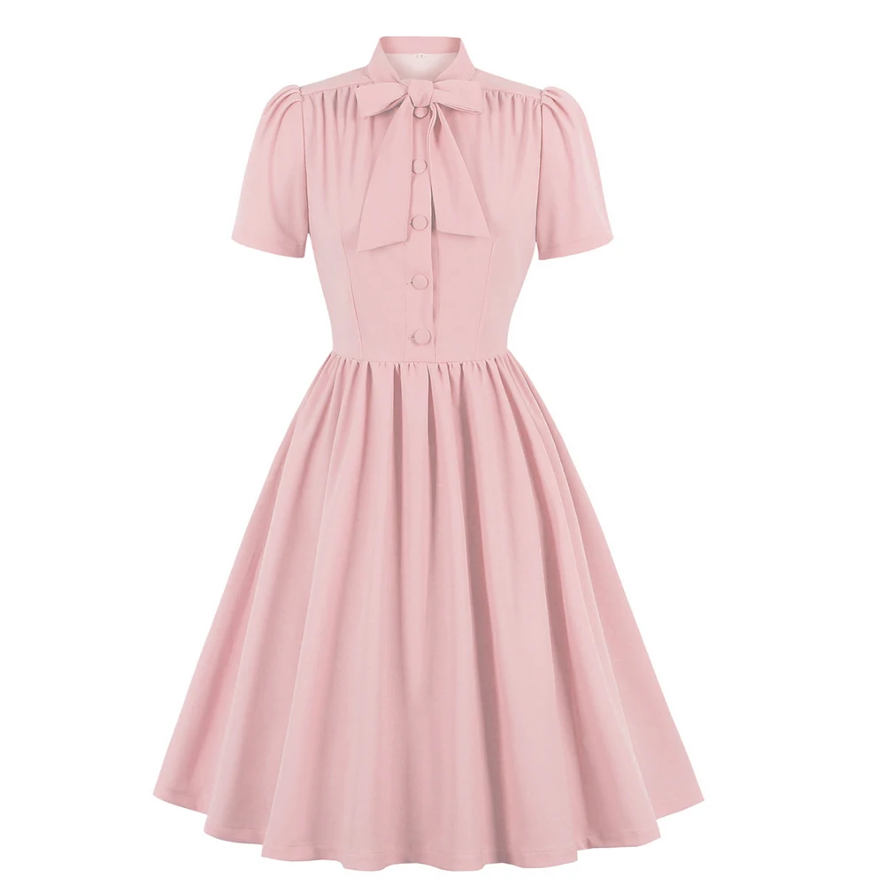 2025 Blue Pleated Dress Vintage Style Bow Tie Neck Button Up Elegant Women Summer Belted Pinup 60s 50s Rockabilly Dresses SD0081