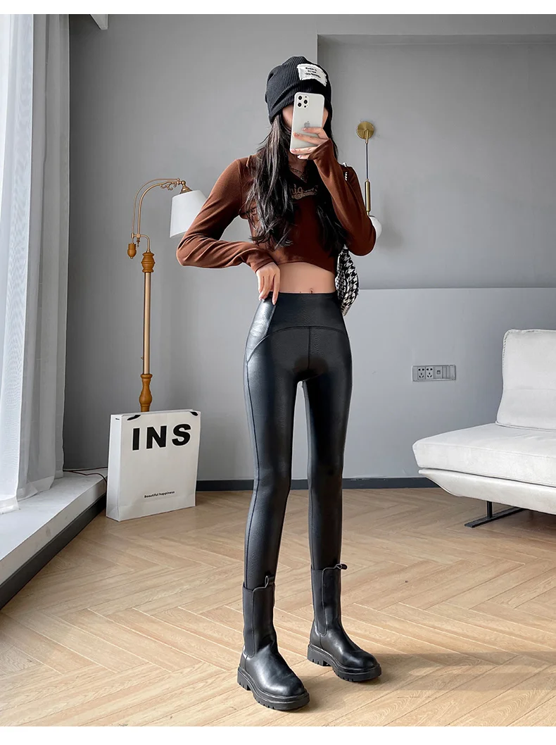 BIVIGAOS Women Spring Autumn Fleece Matte PU Leather Pants Leggings Elastic Slim Skinny Leggings Windproof Warm Sexy Legging