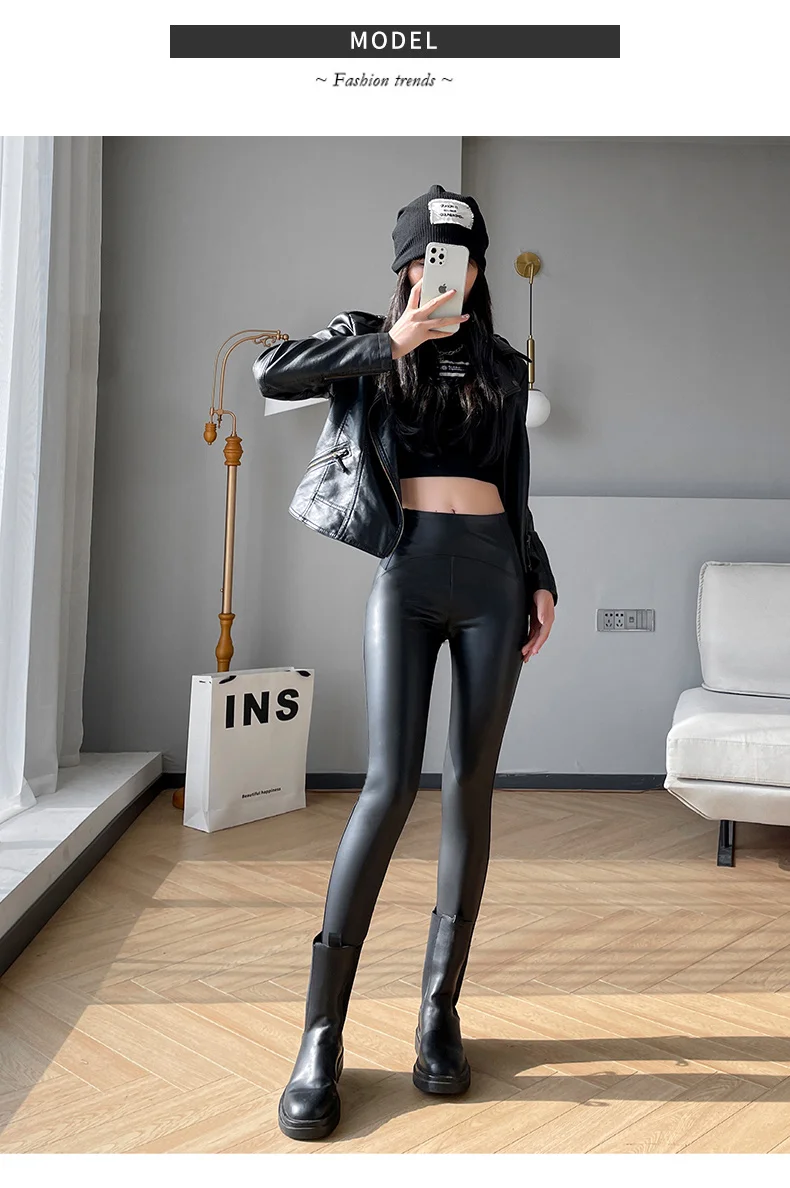 BIVIGAOS Women Spring Autumn Fleece Matte PU Leather Pants Leggings Elastic Slim Skinny Leggings Windproof Warm Sexy Legging