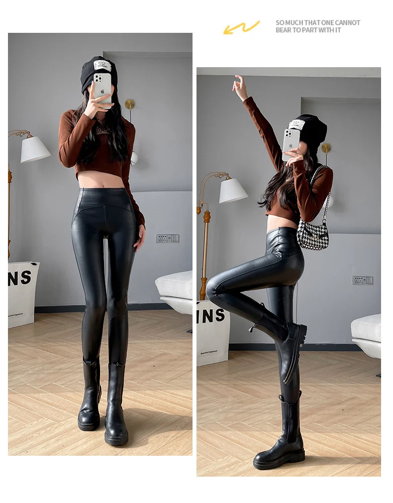 BIVIGAOS Women Spring Autumn Fleece Matte PU Leather Pants Leggings Elastic Slim Skinny Leggings Windproof Warm Sexy Legging