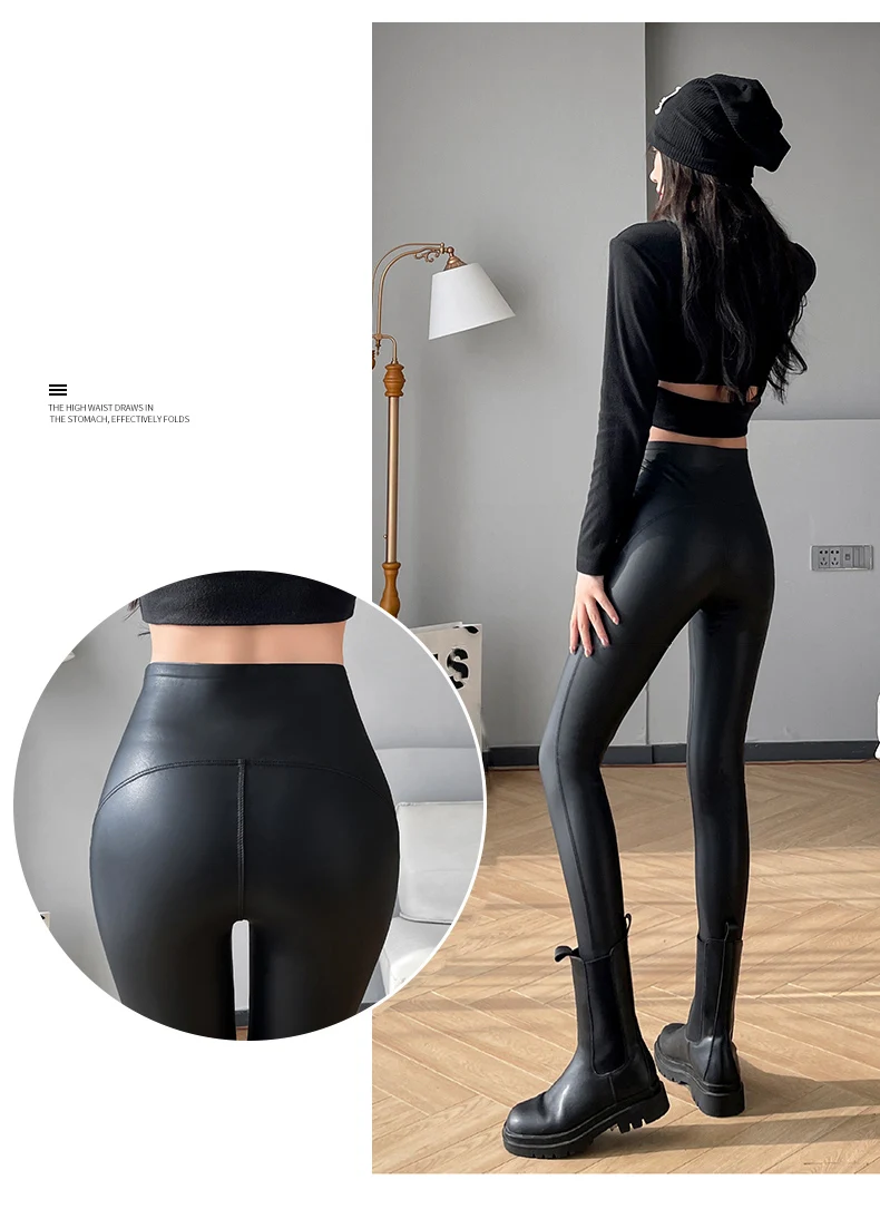 BIVIGAOS Women Spring Autumn Fleece Matte PU Leather Pants Leggings Elastic Slim Skinny Leggings Windproof Warm Sexy Legging