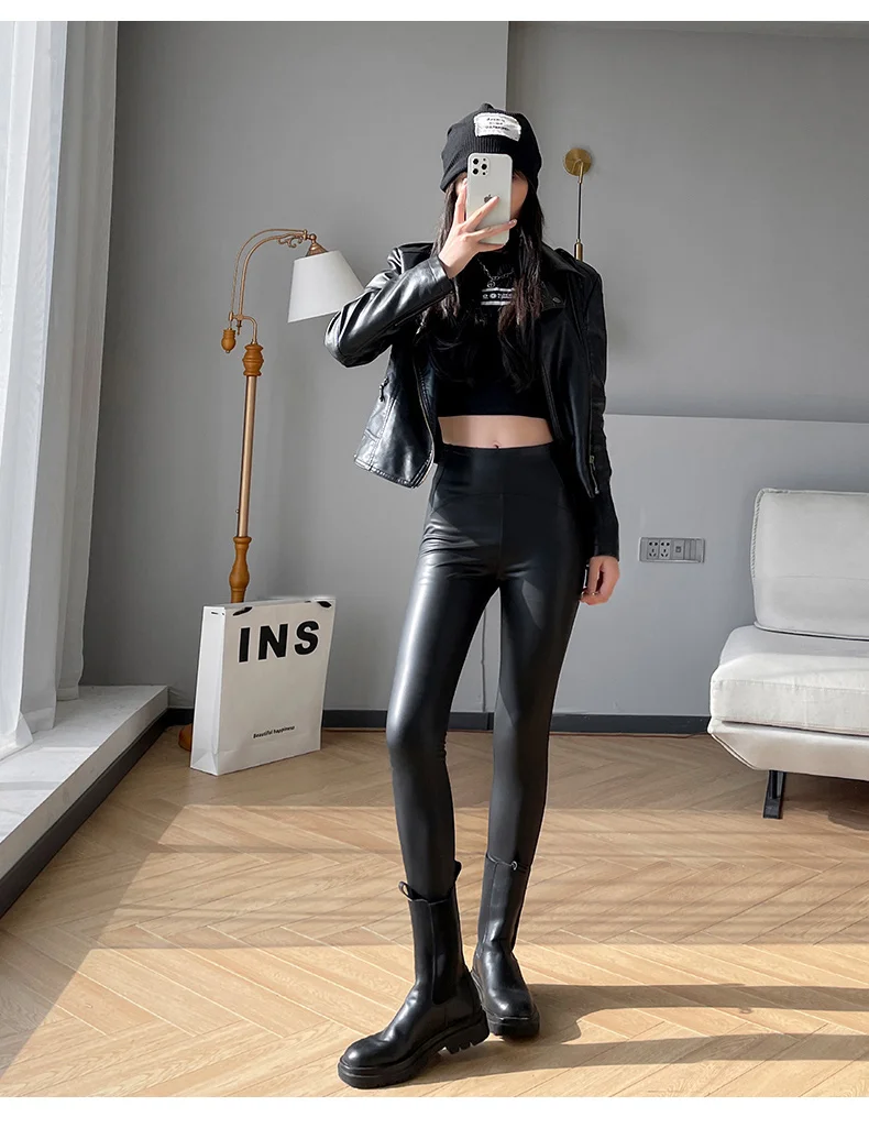 BIVIGAOS Women Spring Autumn Fleece Matte PU Leather Pants Leggings Elastic Slim Skinny Leggings Windproof Warm Sexy Legging