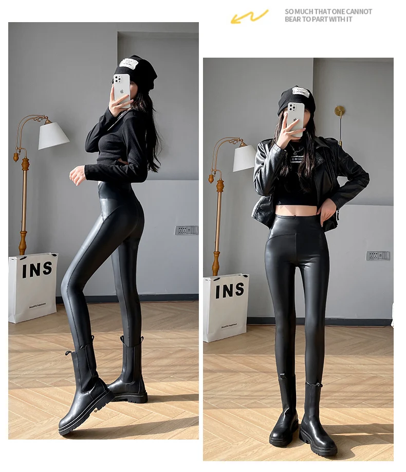 BIVIGAOS Women Spring Autumn Fleece Matte PU Leather Pants Leggings Elastic Slim Skinny Leggings Windproof Warm Sexy Legging