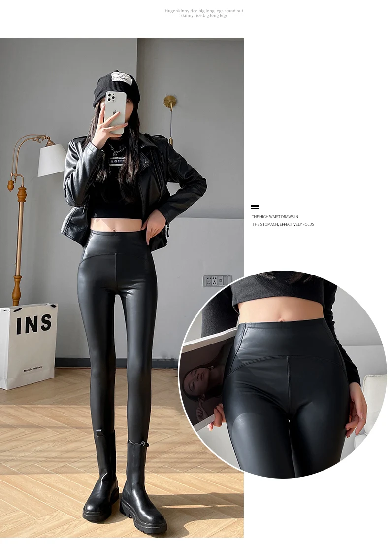 BIVIGAOS Women Spring Autumn Fleece Matte PU Leather Pants Leggings Elastic Slim Skinny Leggings Windproof Warm Sexy Legging