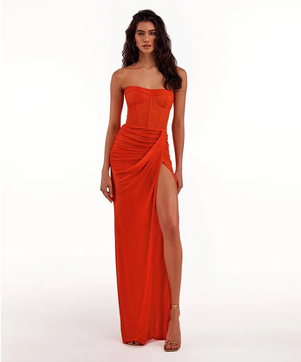 Summer New Women's Sexy Breast Wrapping, Backless Dress Red Wrinkled Hem Split Party Ceremonial Dress Long Dress
