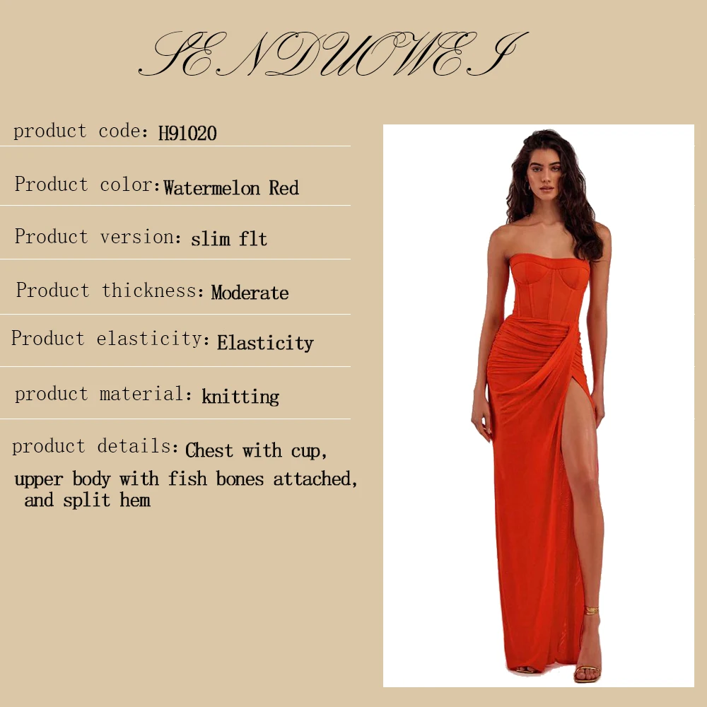 Summer New Women's Sexy Breast Wrapping, Backless Dress Red Wrinkled Hem Split Party Ceremonial Dress Long Dress