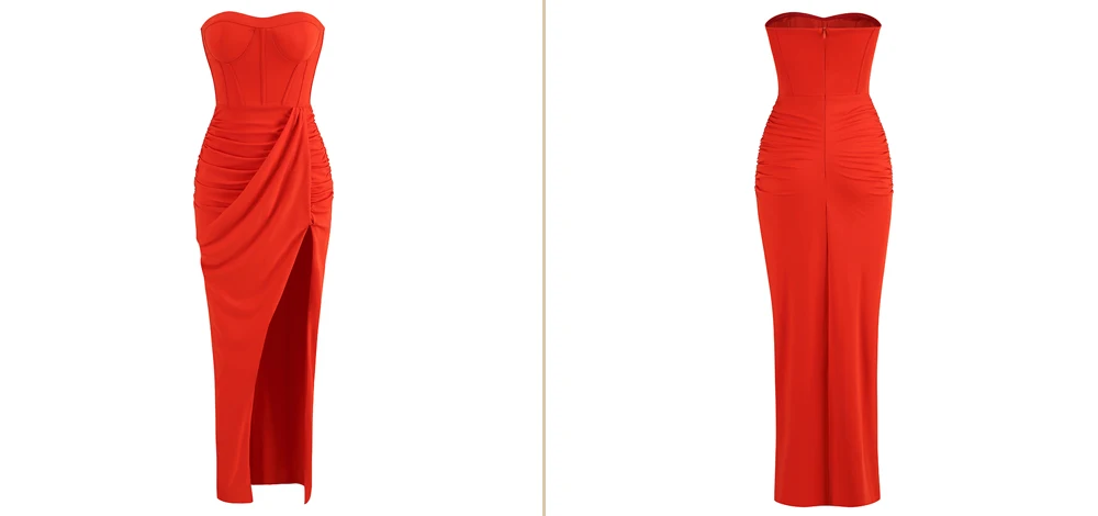 Summer New Women's Sexy Breast Wrapping, Backless Dress Red Wrinkled Hem Split Party Ceremonial Dress Long Dress