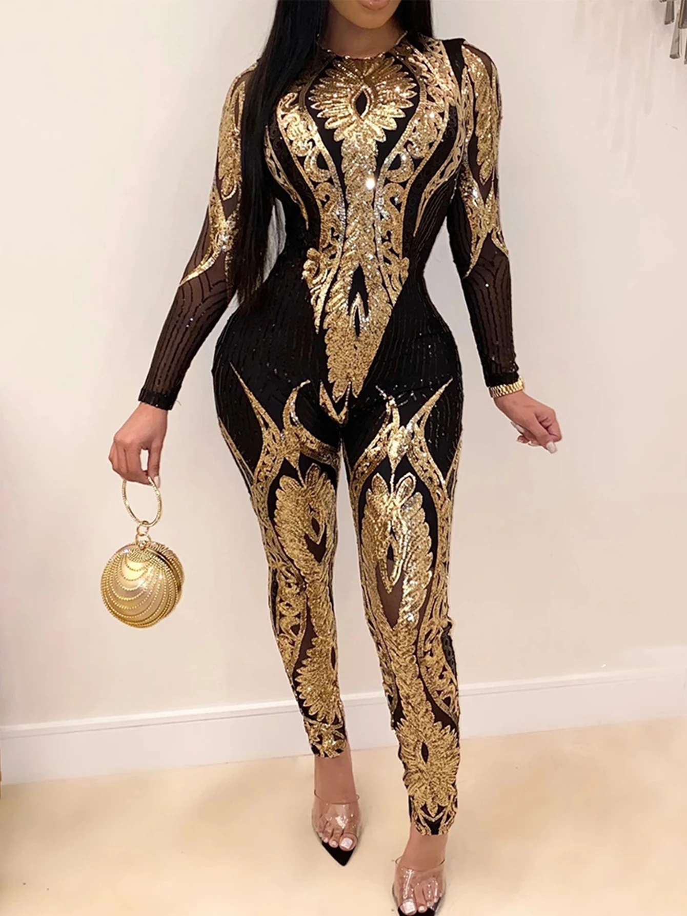 Sexy Long Sleeve Sequin Bodycon Jumpsuit Women Body Bodysuit One Piece Birthday Party Nightclub Outfits Womens Jumpsuits Overall