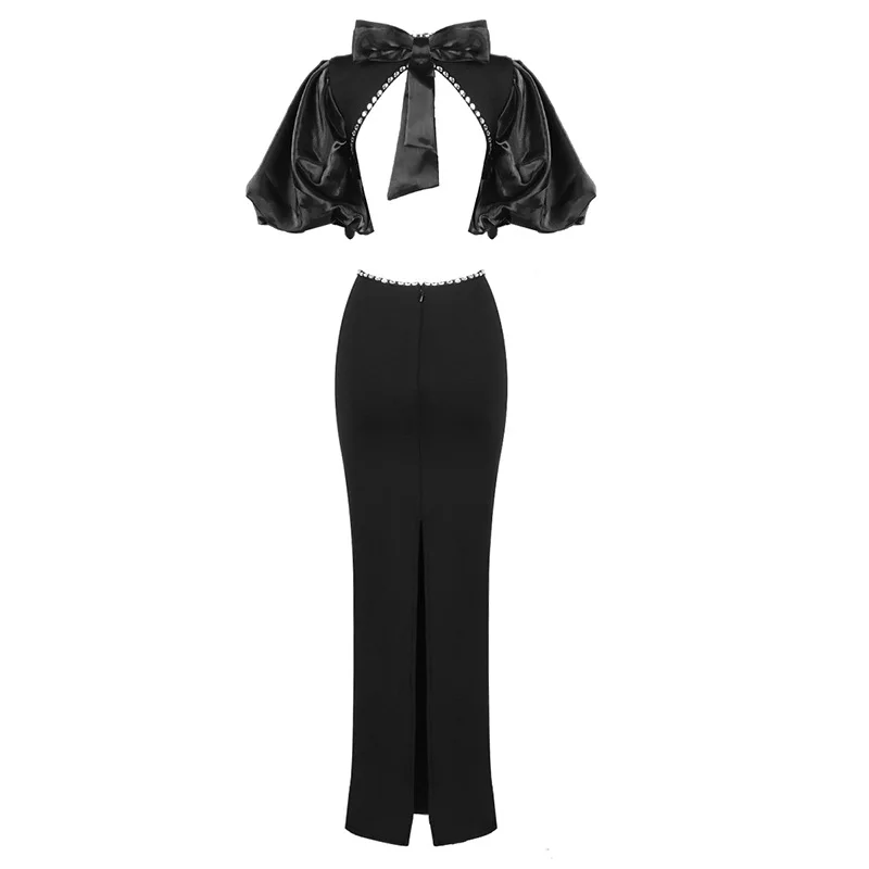 2025 New Summer Dress Black Puff Sleeve Elegant Beading Women Dress Long Bandage Party Club Maxi Dress
