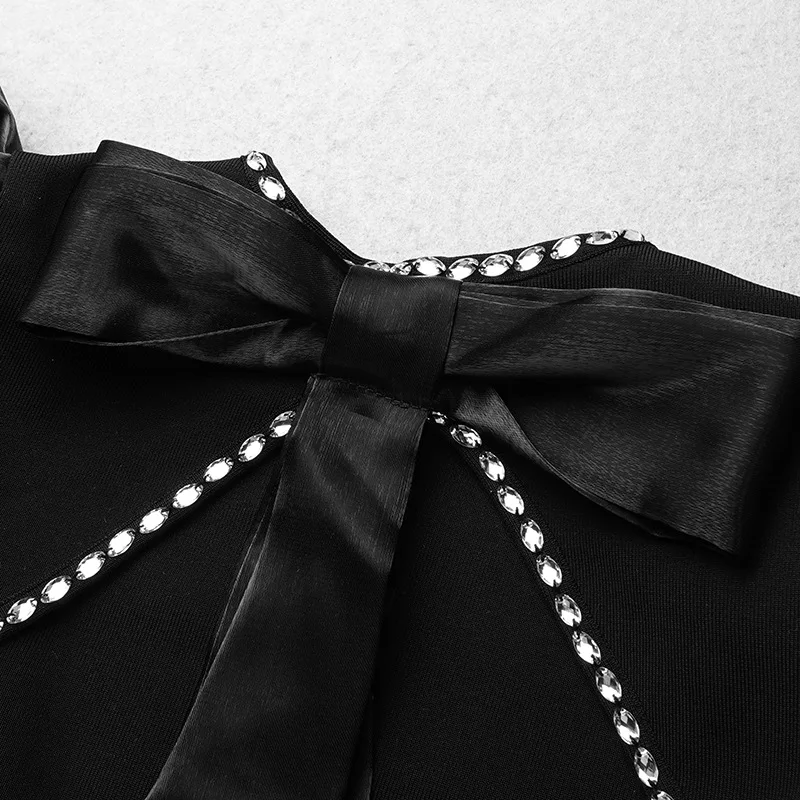 2025 New Summer Dress Black Puff Sleeve Elegant Beading Women Dress Long Bandage Party Club Maxi Dress