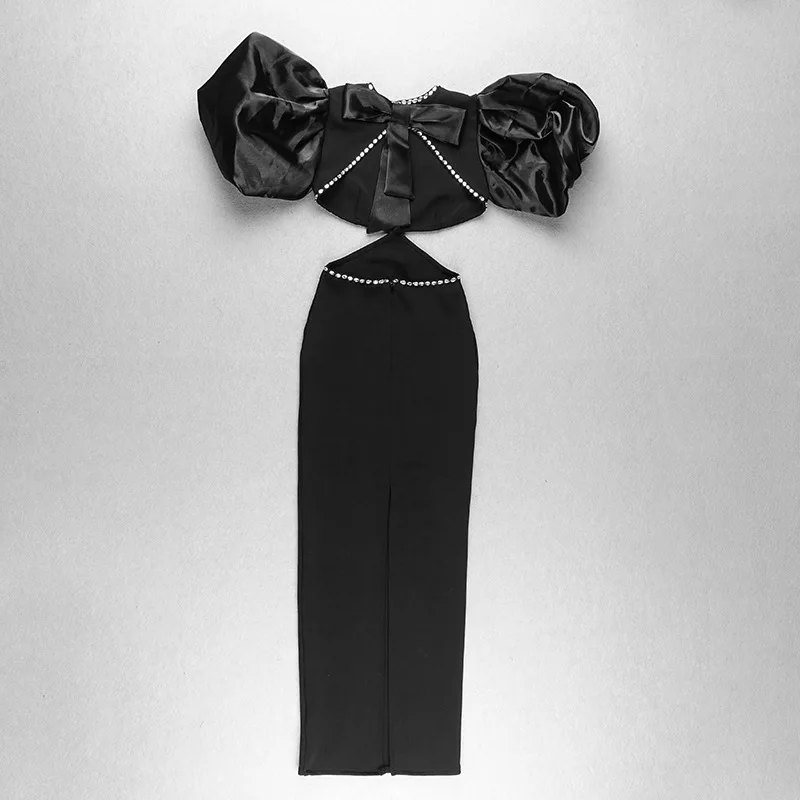 2025 New Summer Dress Black Puff Sleeve Elegant Beading Women Dress Long Bandage Party Club Maxi Dress