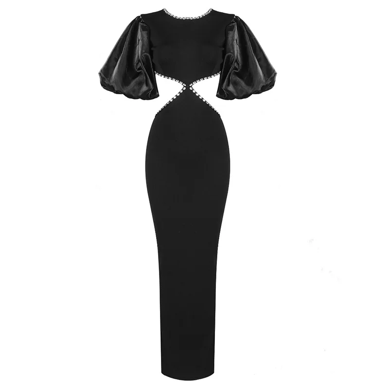 2025 New Summer Dress Black Puff Sleeve Elegant Beading Women Dress Long Bandage Party Club Maxi Dress