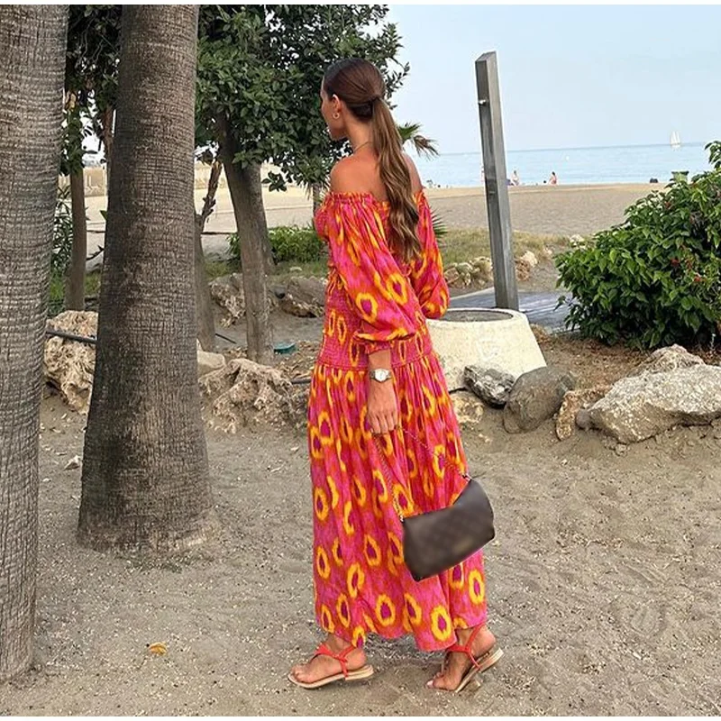 TEELYNN Vintage Puff Sleeve Beach Boho Dress Women Robe Sexy Off Shoulder Slash Neck Rayon Dresses Summer Casual Long Vestidos
