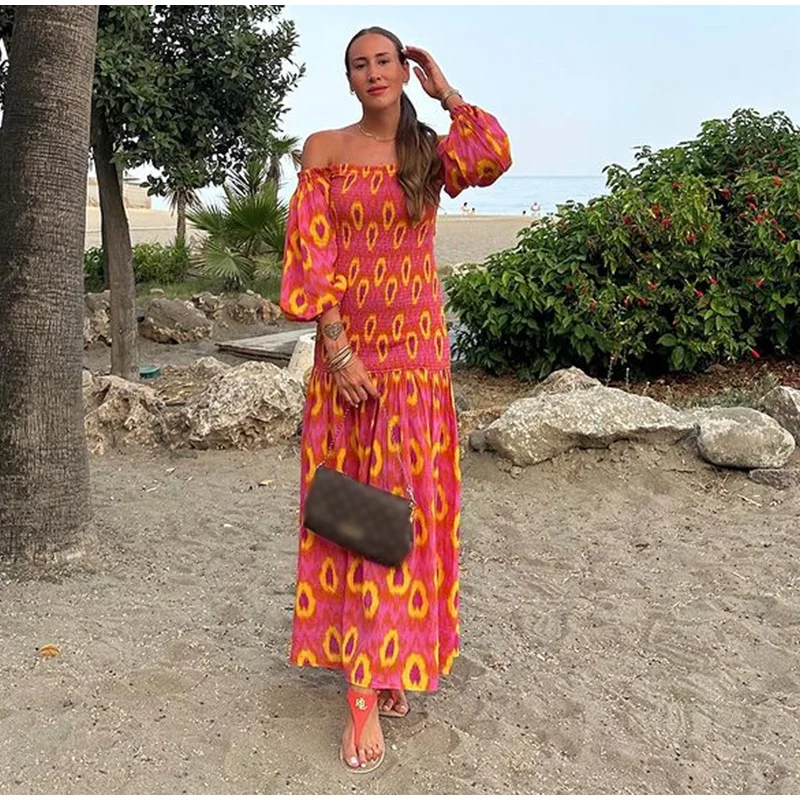 TEELYNN Vintage Puff Sleeve Beach Boho Dress Women Robe Sexy Off Shoulder Slash Neck Rayon Dresses Summer Casual Long Vestidos