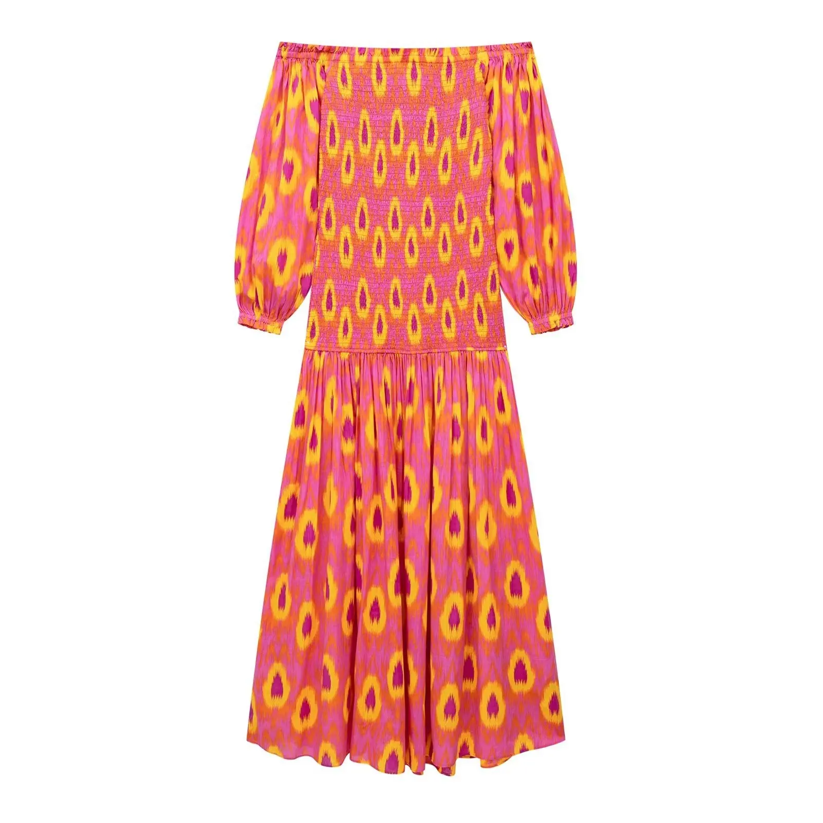 TEELYNN Vintage Puff Sleeve Beach Boho Dress Women Robe Sexy Off Shoulder Slash Neck Rayon Dresses Summer Casual Long Vestidos