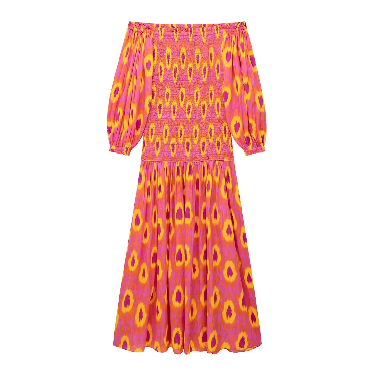 TEELYNN Vintage Puff Sleeve Beach Boho Dress Women Robe Sexy Off Shoulder Slash Neck Rayon Dresses Summer Casual Long Vestidos