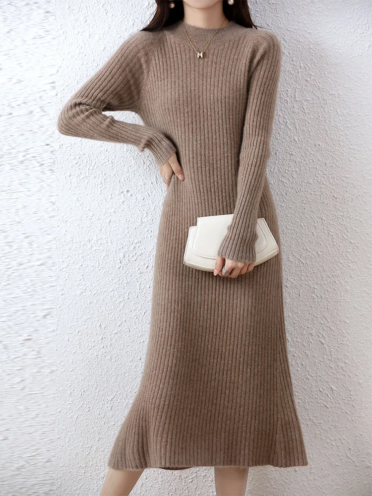 Cashmere Sweater Womens Dresses 100% Merino Wool Autumn Winter New Elegant Knitted Long Dress Female Casual Warm Skirts Vestidos