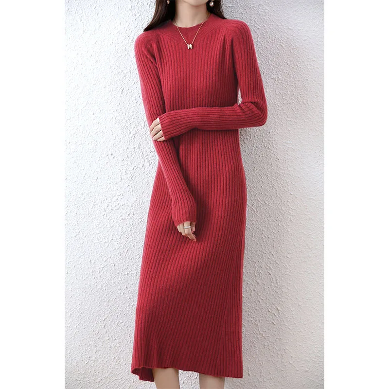 Cashmere Sweater Womens Dresses 100% Merino Wool Autumn Winter New Elegant Knitted Long Dress Female Casual Warm Skirts Vestidos