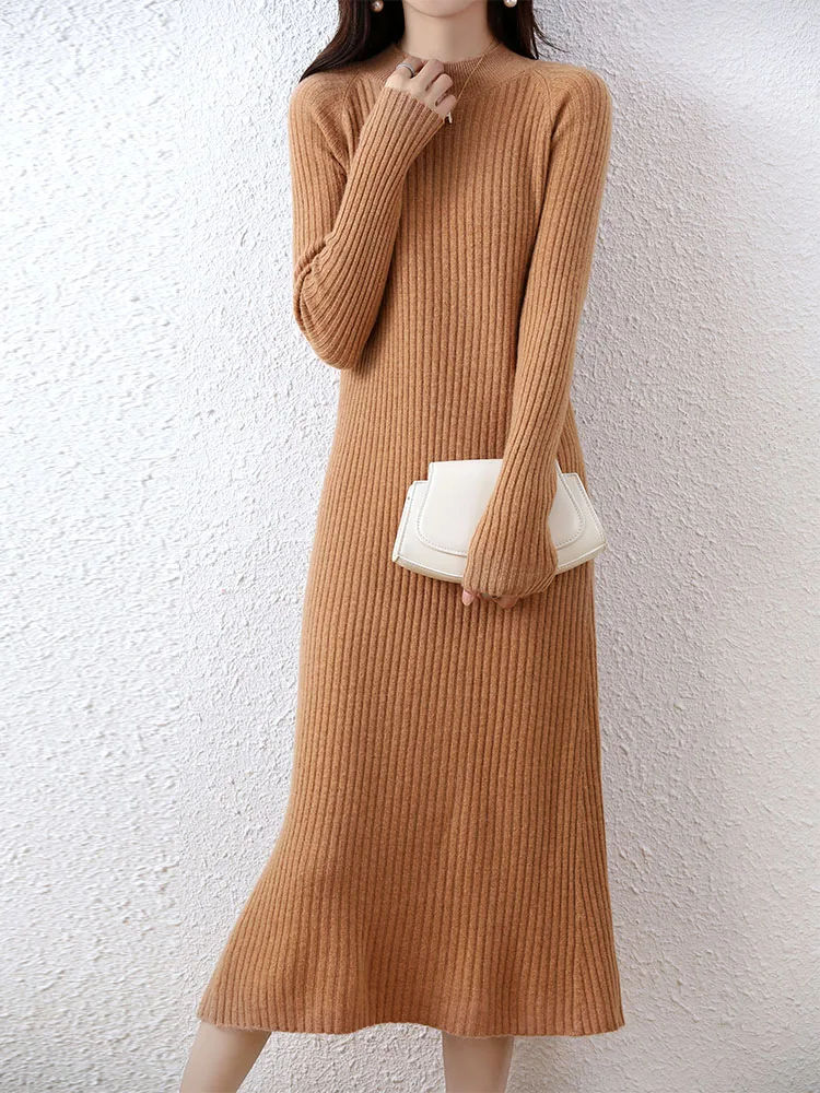 Cashmere Sweater Womens Dresses 100% Merino Wool Autumn Winter New Elegant Knitted Long Dress Female Casual Warm Skirts Vestidos