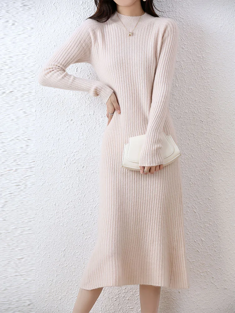Cashmere Sweater Womens Dresses 100% Merino Wool Autumn Winter New Elegant Knitted Long Dress Female Casual Warm Skirts Vestidos